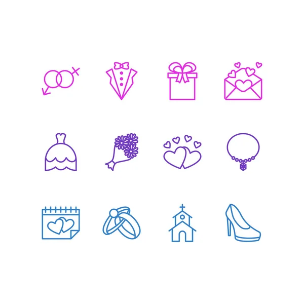 Illustration vectorielle de 12 icônes d'engagement. Pack modifiable de robe de mariée, symbole de sexualité, bâtiment et autres éléments . — Image vectorielle