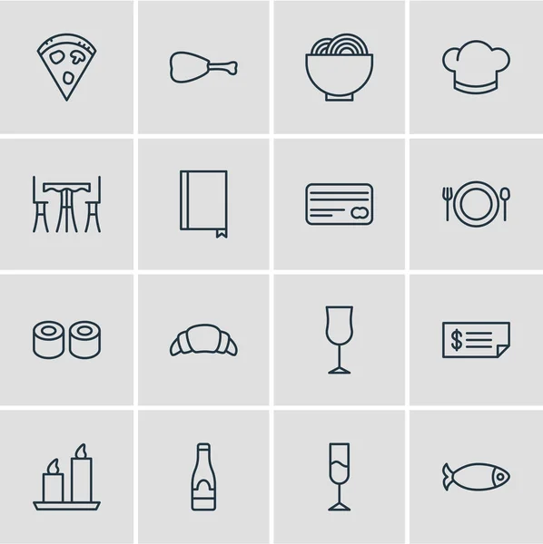 Ilustración vectorial de 16 iconos de restaurantes. Paquete editable de sombrero, pepperoni, mariscos y otros elementos . — Archivo Imágenes Vectoriales