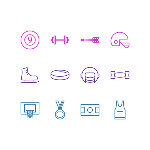 12 sportos ikonok vektoros illusztráció. Szerkeszthető csomag póló, jég Boot, korong, és egyéb elemek. — Stock Vector