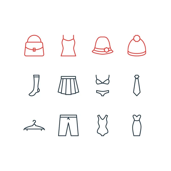 Ilustración vectorial de 12 iconos de vestir. Paquete editable de trajes de baño, cravat, bañadores y otros elementos . — Archivo Imágenes Vectoriales