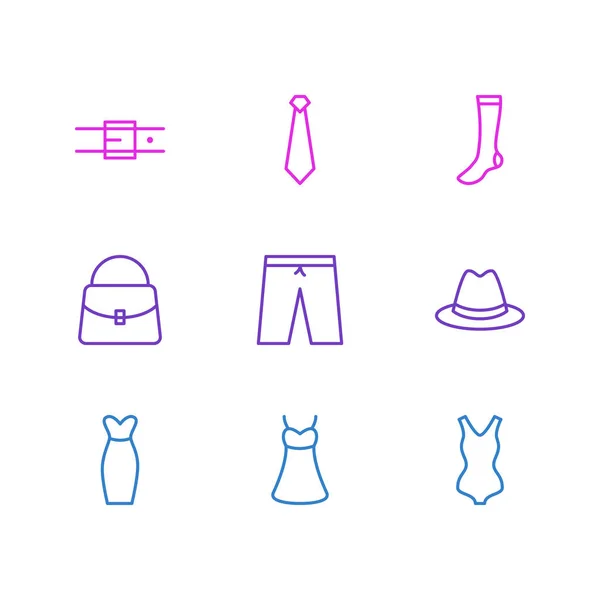 Ilustração vetorial de 9 ícones de roupas. Pacote editável de bolsa, meias, elementos de vestido de noite . —  Vetores de Stock