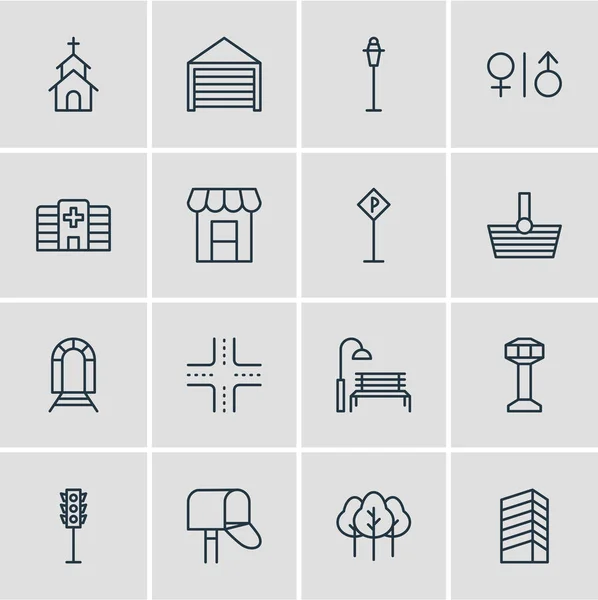 Vektorové ilustrace 16 infrastruktury ikon. Upravitelné Pack budov, Clinic, mrakodrap a dalších prvků. — Stockový vektor