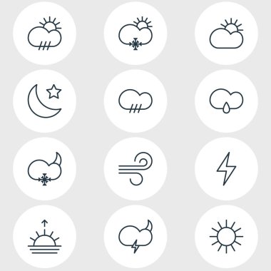 12 atmosfer simgeler vektör Illustration. Düzenlenebilir paket Drizzles, güneş, yağmur ve diğer öğeleri.