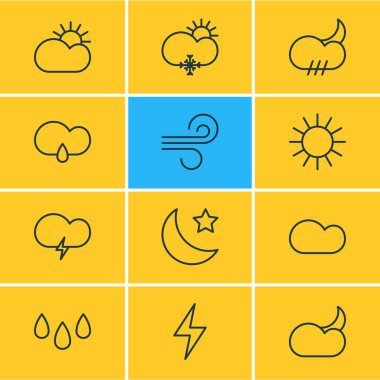 12 atmosfer simgeler vektör Illustration. Ay ay, Drizzles, güneş ve diğer öğeleri düzenlenebilir paketi.
