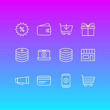 12 toptan simgeler vektör Illustration. Ticaret, düzenlenebilir paketi satın almak, cüzdan ve diğer öğeleri.