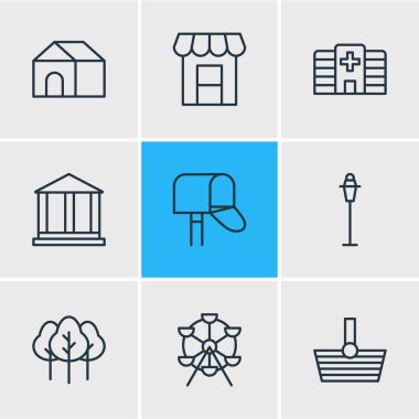 9 kentsel simgeler vektör Illustration. Dönme dolap, sepet, tente ve diğer öğeleri düzenlenebilir paketi.