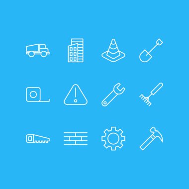 12 sanayi simgeler vektör Illustration. Dişli, ölçü birimi bant, demir testeresi ve diğer öğeleri düzenlenebilir sürüsü.