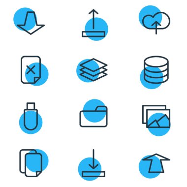 12 Arşiv simgeler vektör Illustration. Galeri, birden parlamak götürmek, belgeleri ve diğer öğeleri düzenlenebilir paketi.