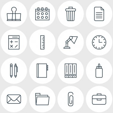 16 Kırtasiye simge vektör Illustration. Çöp konteyner, mektup, ışığı ve diğer öğeleri düzenlenebilir paketi.