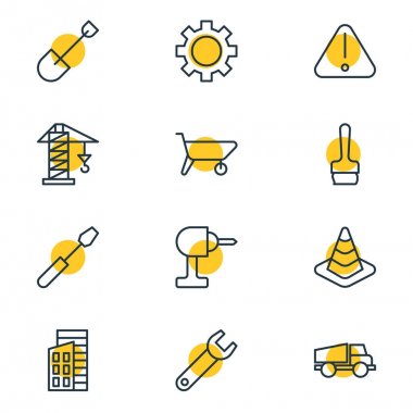 12 inşaat simgeler vektör Illustration. Elektrikli tornavida, Spade, anahtar ve diğer öğeleri düzenlenebilir paketi.