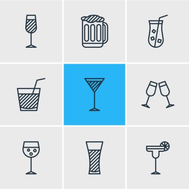 9 içecek simgeler vektör Illustration. Kadehi, limonata, Martini ve diğer öğeleri düzenlenebilir paketi.