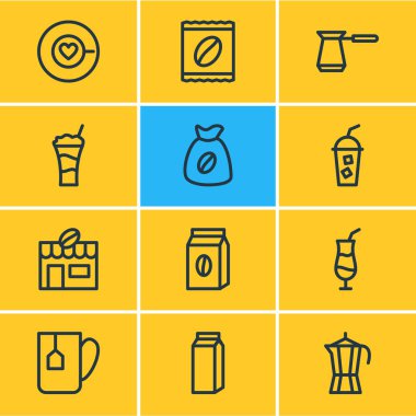 12 Java simgeler vektör Illustration. Kokteyl, paket Latte, kağıt kutusu ve diğer öğeleri düzenlenebilir paketi.
