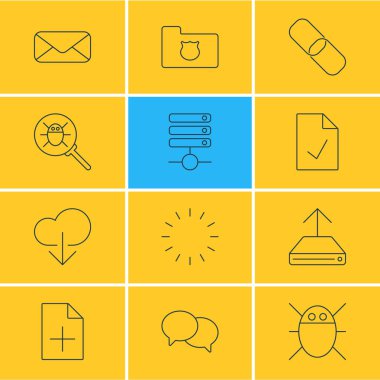 12 ağ simgeler vektör Illustration. Sunucu bekleyen, gizlilik Doc ve diğer öğeleri, düzenlenebilir sürüsü.