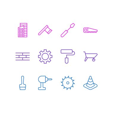 12 inşaat simgeler vektör Illustration. Dönüş vida, silindir, bariyer ve diğer öğeleri düzenlenebilir paketi.