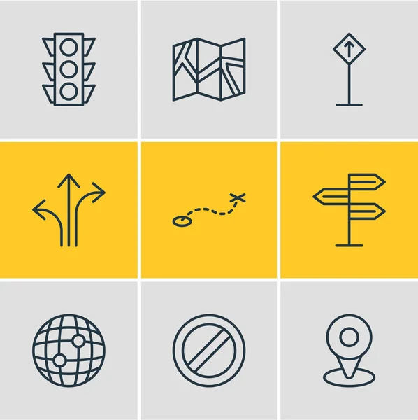 Illustrazione vettoriale di 9 icone di navigazione. Pacchetto modificabile della direzione, del semaforo, del posto guida e di altri elementi . — Vettoriale Stock