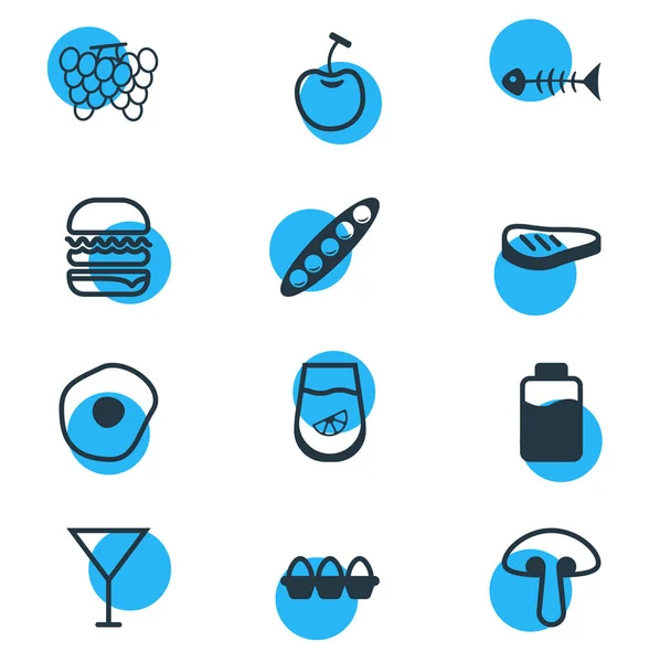 Ilustración vectorial de 12 iconos de la alimentación. Paquete editable del tipo de la baya, viña, envase y otros elementos . — Archivo Imágenes Vectoriales