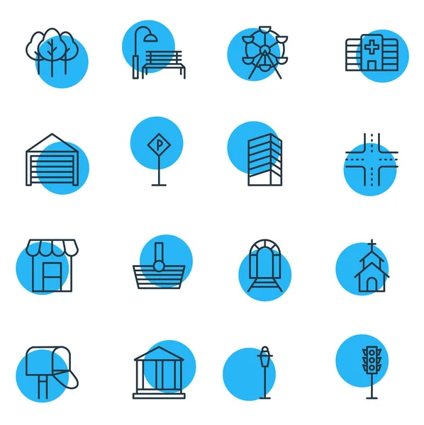 Vektorillustration von 16 Stadtikonen. Editierbares Paket aus Semaphore, Wolkenkratzer, U-Bahn und anderen Elementen. — Stockvektor