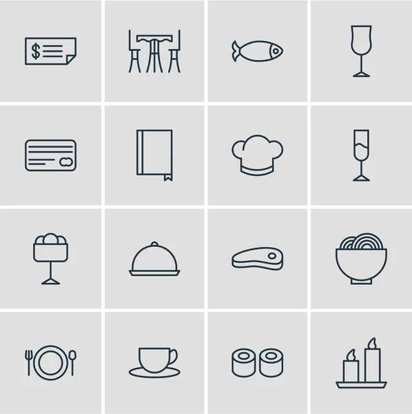 Vektorové ilustrace 16 jíst ikon. Upravitelné Pack vína, klobouk, čaje a dalších prvků. — Stockový vektor