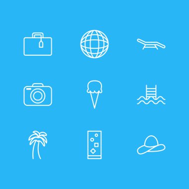 9 yaz simgeler vektör Illustration. Yüzme, Longue, toprak ve diğer öğeleri düzenlenebilir sürüsü.