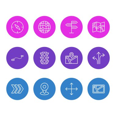 12 yerde simgeler vektör Illustration. Dünya, harita, ok ve diğer öğeleri düzenlenebilir paketi.