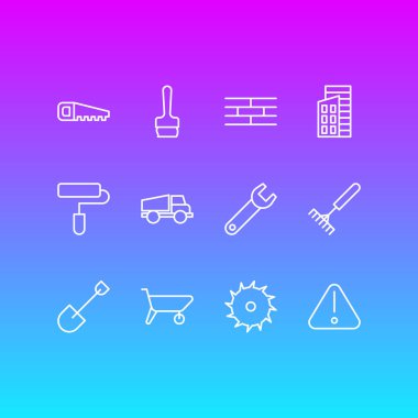 12 inşaat simgeler vektör Illustration. Boya fırçası, demir testeresi, bulutsuz öğelerin düzenlenebilir paketi.