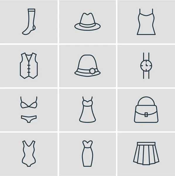 Ilustración vectorial de 12 iconos de vestir. Paquete editable de Sarafán, trajes de baño, vestido de noche y otros elementos . — Archivo Imágenes Vectoriales