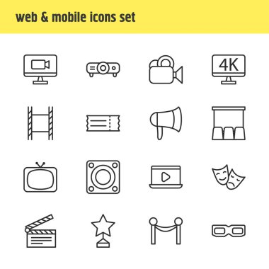 16 sinema simgeler vektör Illustration. Trajedi, kupon, Tv ve diğer öğeleri düzenlenebilir paketi.