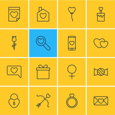 16 Amour simgeler vektör Illustration. Ev, Dekorasyon, gül ve diğer öğeleri düzenlenebilir sürüsü.