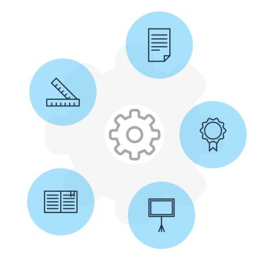 5 çalışmalar simgeler vektör Illustration. Kağıt, düzenlenebilir paketi yazar tablo, metre ve diğer öğeleri.