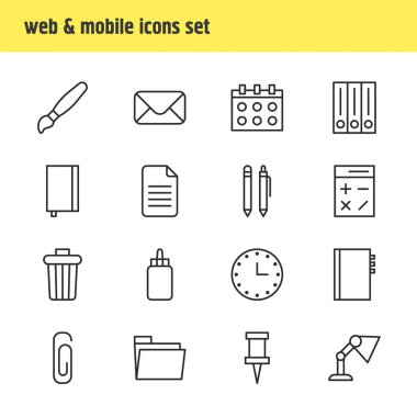 16 Kırtasiye simge vektör Illustration. Saat, Tarih, dosya ve diğer öğeleri düzenlenebilir paketi.