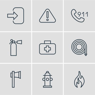 9 acil simgeler vektör Illustration. Düzenlenebilir Pack Hosepipe, Ax, su ve diğer öğeler.