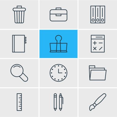 12 aletleri simgeler vektör Illustration. Zoom, ders kitabı, boya ve diğer öğeleri düzenlenebilir paketi.