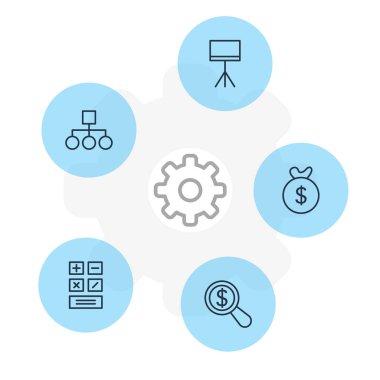 5 Ticaret simgeler vektör Illustration. Düzenlenebilir Pack kurulu stand, hesaplamak, çanta öğeleri.