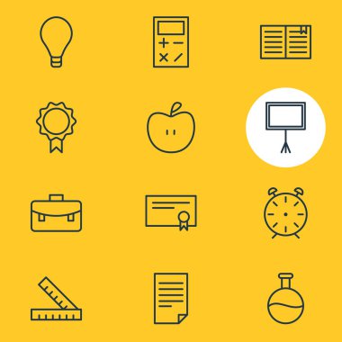 12 Eğitim simgeler vektör Illustration. Saat, Portföy, meyve ve diğer öğeleri düzenlenebilir sürüsü.