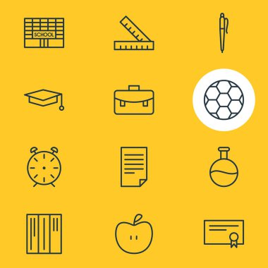 12 çalışmalar simgeler vektör Illustration. Kağıt, ölçer, saat ve diğer öğelerin düzenlenebilir sürüsü.