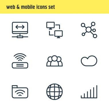 9 ağ simgeler vektör Illustration. Yayımla, Wifi, güçlü ve diğer öğeleri düzenlenebilir sürüsü.