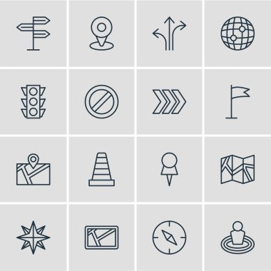 16 yerde simgeler vektör Illustration. Kağıt coğrafya, yer, yön ve diğer öğeleri düzenlenebilir paketi.