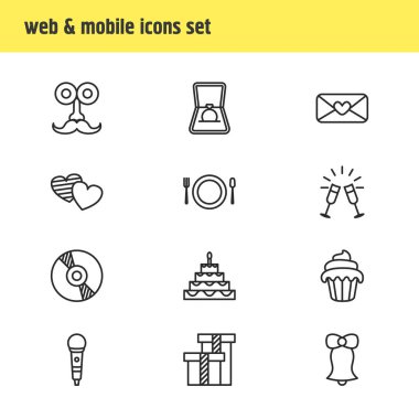 12 bayram simgeler vektör Illustration. Nişan, Pastane, Karaoke ve diğer öğeleri düzenlenebilir paketi.