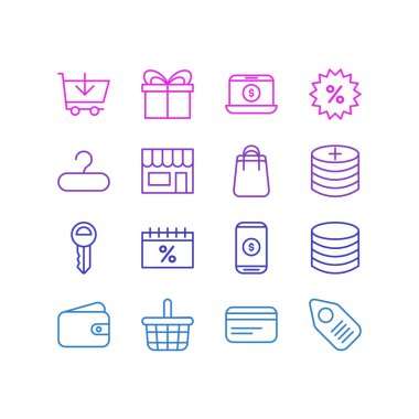 16 ticaret simgeler vektör Illustration. Nota anahtarı, artı, raf ve diğer öğeleri düzenlenebilir paketi.