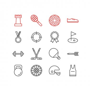16 atletik simgeler vektör Illustration. Keskin nişancı, kask, roket ve diğer öğeleri düzenlenebilir paketi.