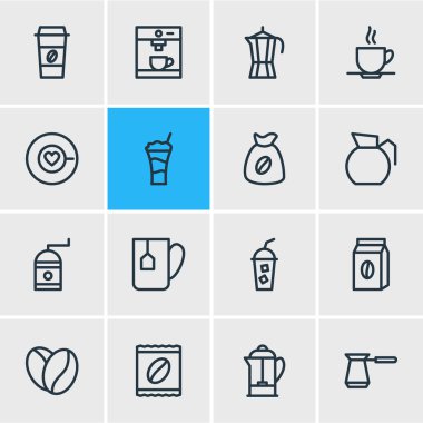 16 Java simgeler vektör Illustration. Yumuşak içecek, çanta, paket Latte ve diğer öğeleri düzenlenebilir paketi.