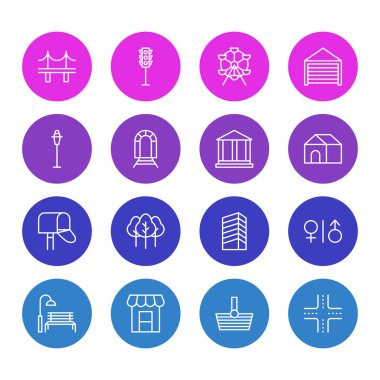 16 genel simgeler vektör Illustration. Dönme dolap, metro, kavşak ve diğer öğeleri düzenlenebilir sürüsü.