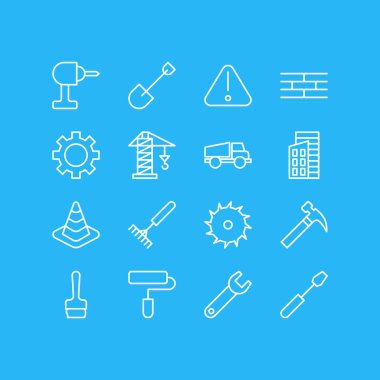 16 inşaat simgeler vektör Illustration. Daire Blade, bariyer, tanıtıcı düzenlenebilir paket öğeleri vurmak.