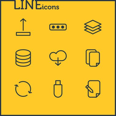 9 depolama simgeler vektör Illustration. Ok yukarı, katman, belgeleri ve diğer öğeleri düzenlenebilir sürüsü.