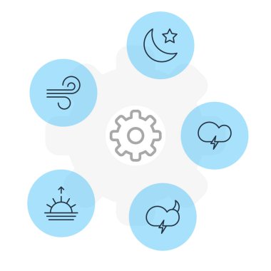 5 hava simgeler vektör Illustration. Sunset, hilal, meltem ve diğer öğeleri düzenlenebilir paketi.