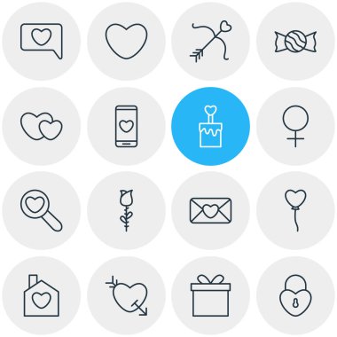 16 Amour simgeler vektör Illustration. Kilit, Büyüteç, dekorasyon ve diğer öğeleri düzenlenebilir paketi.