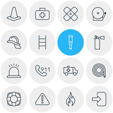 16 acil simgeler vektör Illustration. Spike, Alarm, merdiven ve diğer öğeleri düzenlenebilir paketi.