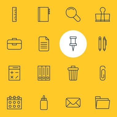 16 araçlar simgeler vektör Illustration. Zoom, Portföy, ders kitabı ve diğer öğeleri düzenlenebilir paketi.