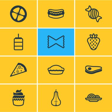 12 yemek simgeler vektör Illustration. Pasta, tatlı, karamel ve diğer öğeleri düzenlenebilir paketi.