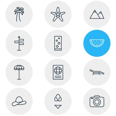 12 yaz simgeler vektör Illustration. Fotoğraf cihazları, Hill, kap ve diğer öğeleri düzenlenebilir paketi.